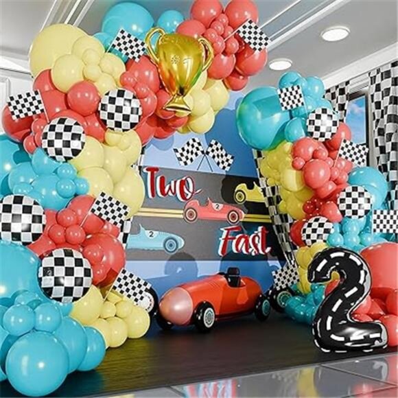 DECOR Vintage Two Fast Race Car Balloon Garland Kit with BONUS Trophy & Number 2 - Picture 7 of 7